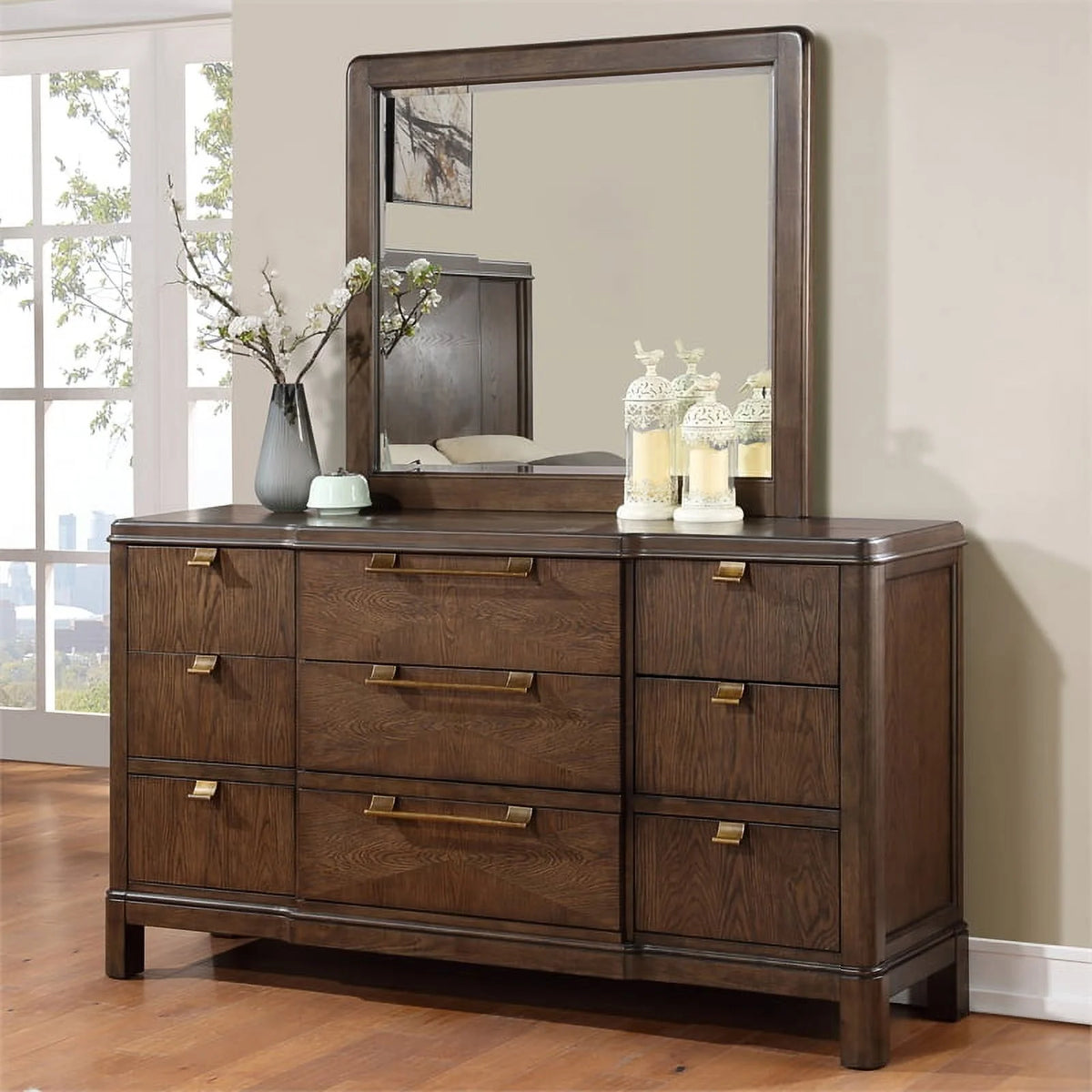 Walnut Brown Wood 6-drawer Dresser and Mirror Z378666