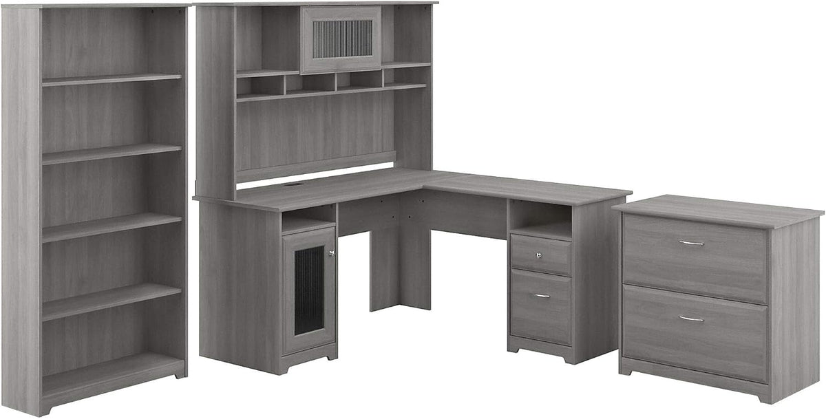 L Shaped Desk with Hutch, File Cabinet and 5 Shelf Bookcase J993