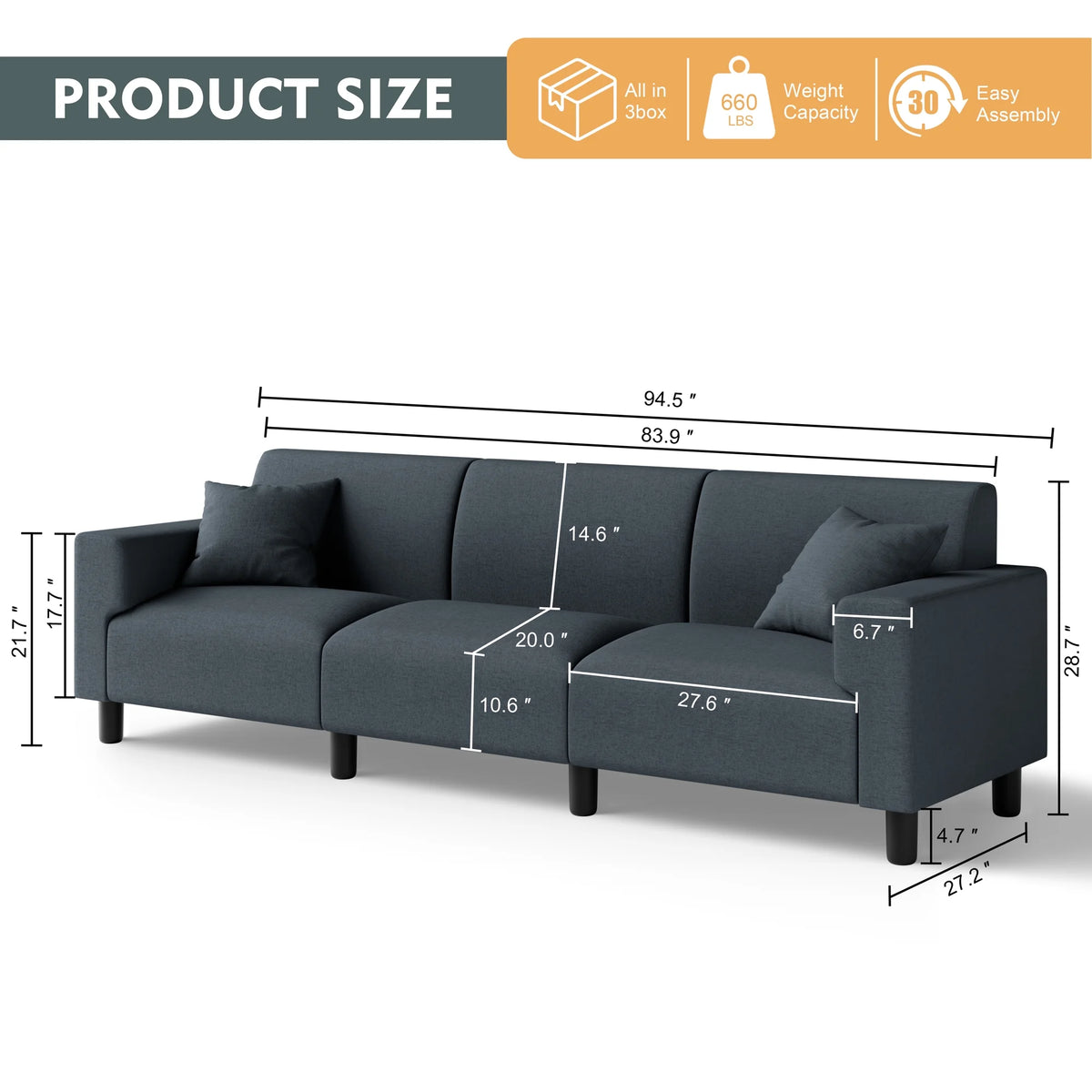 Dark Grey 3-Seater Sofa with Two Pillows N2065