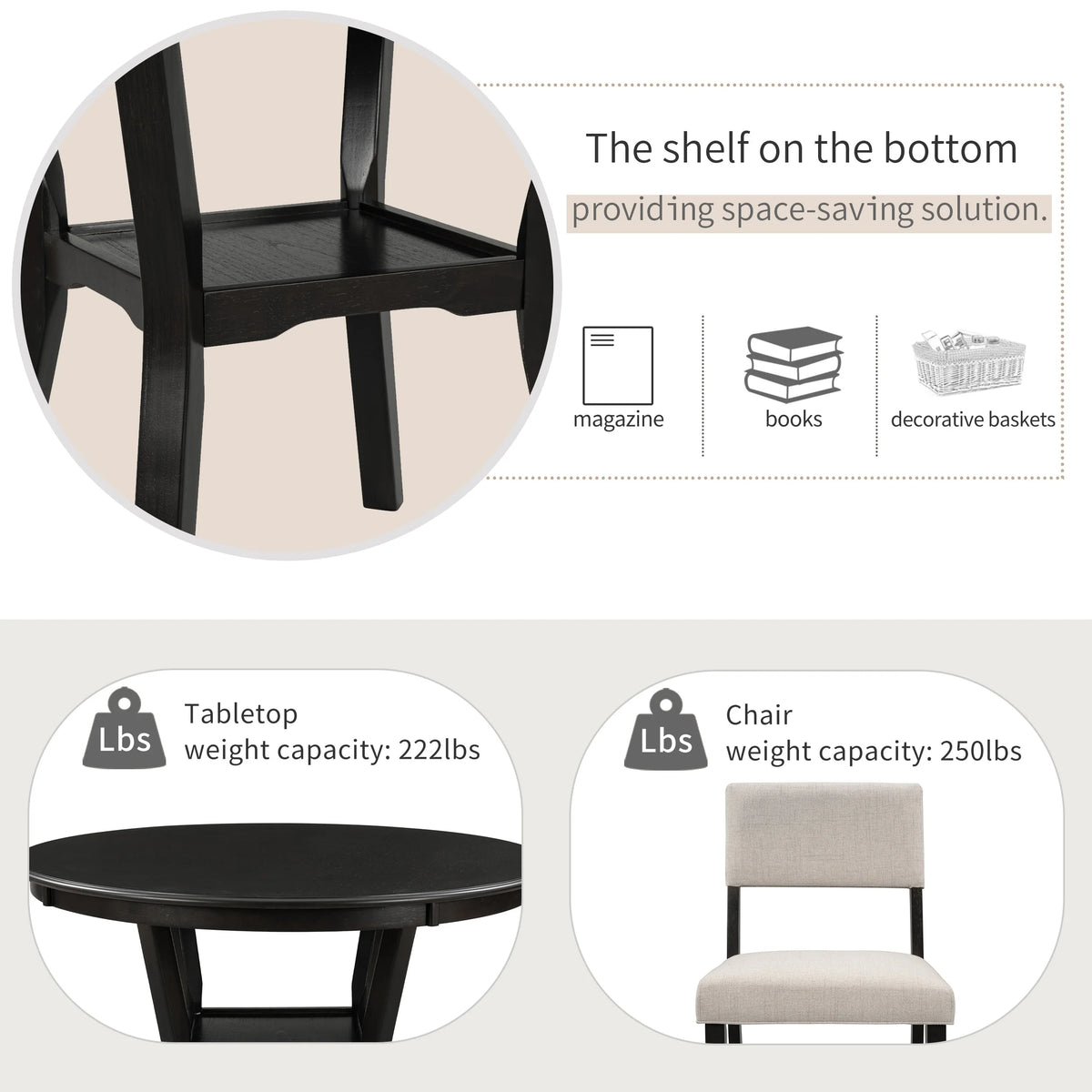 5-Piece Round Dining Table Set with 4 Upholstered Chairs T626