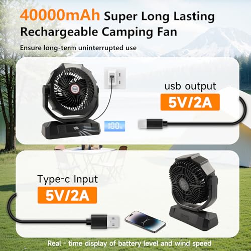 Camping Fan with LED Lantern, 40000mAh Rechargeable Portable Fan with Remote, Black B690