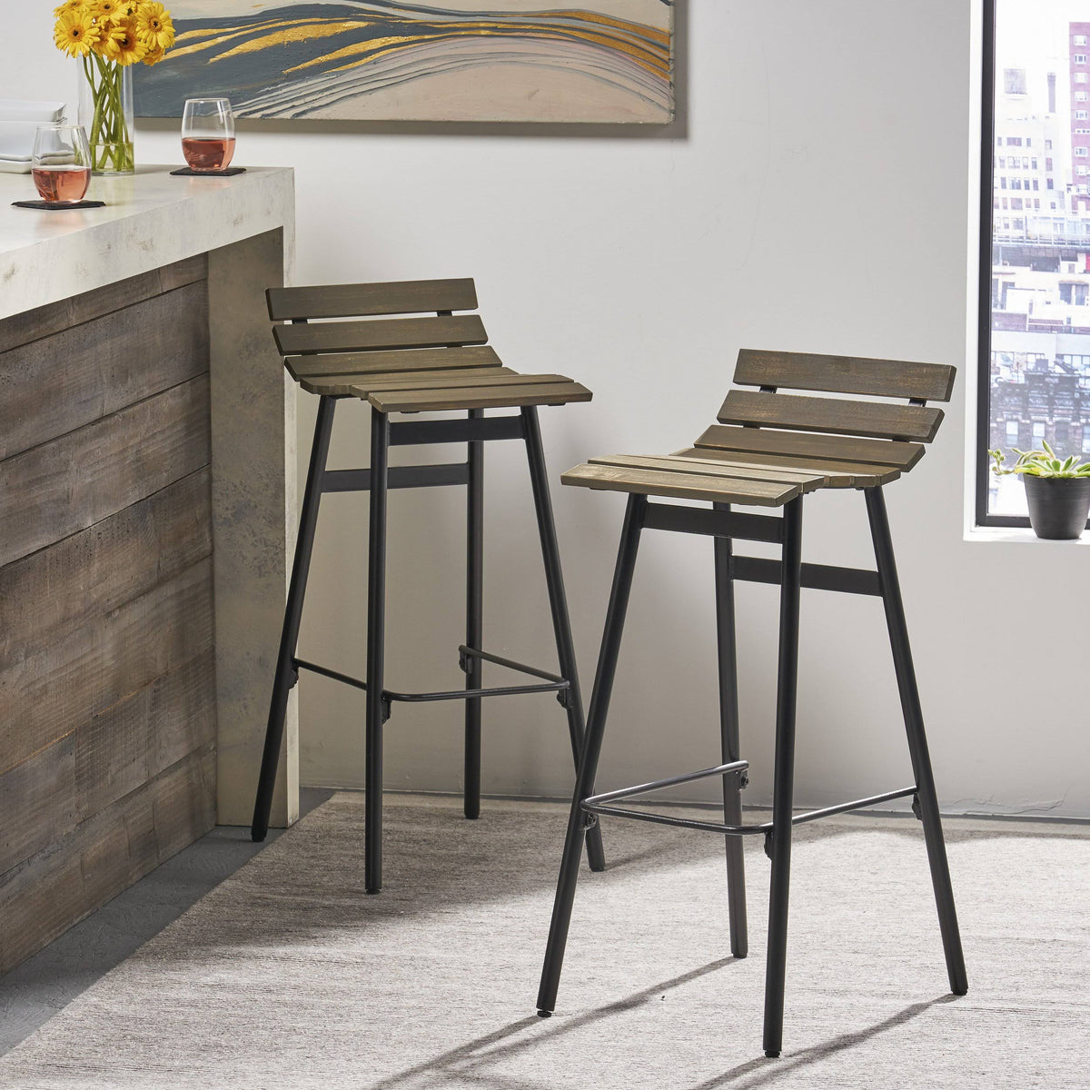 Wooden Barstool Set of 2 Gray Black Y616785