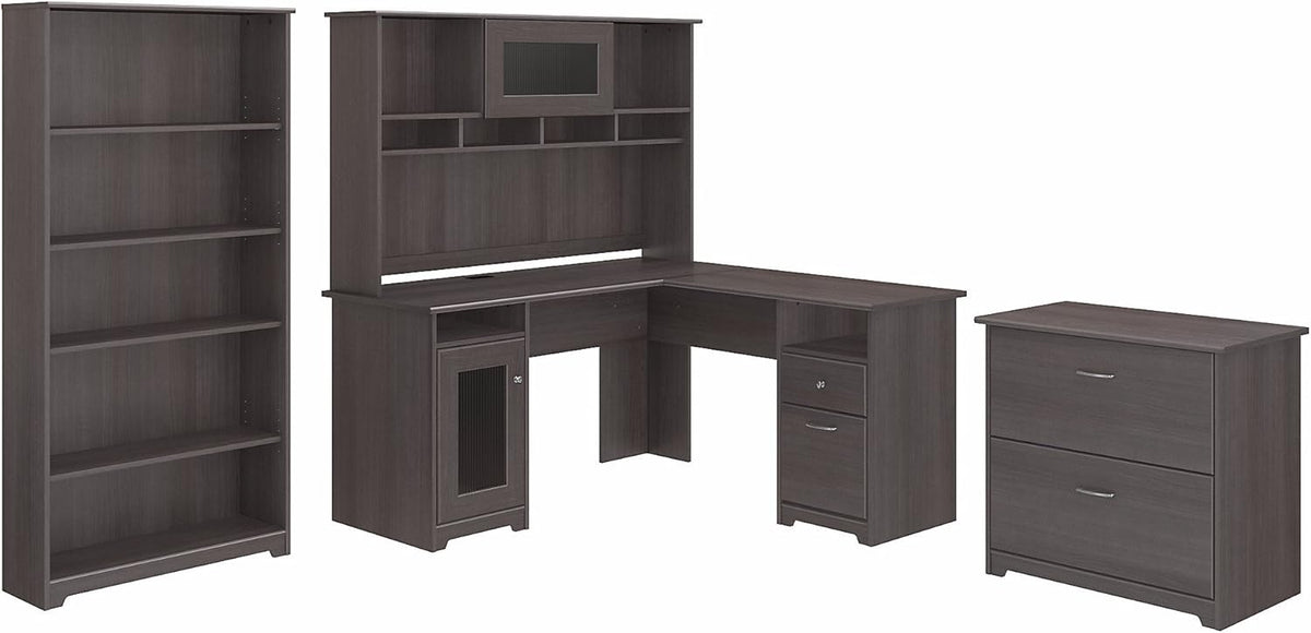 L Shaped Desk with Hutch, File Cabinet and 5 Shelf Bookcase J993