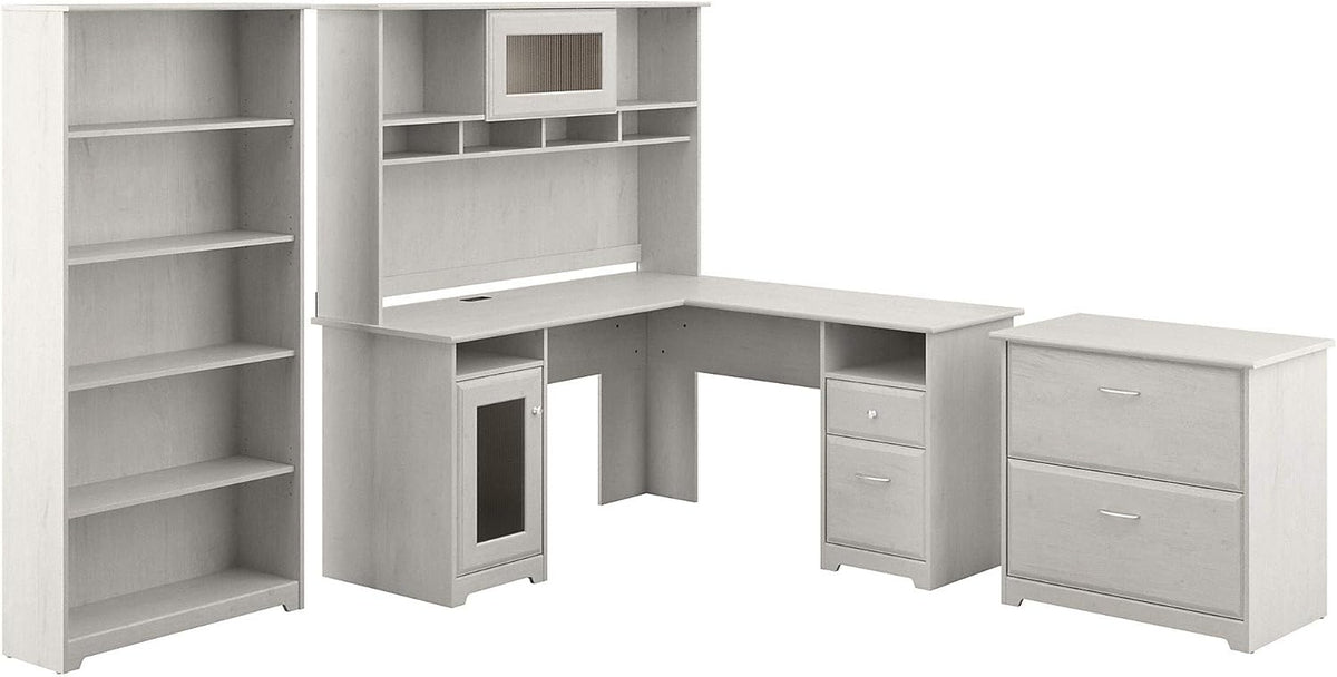 L Shaped Desk with Hutch, File Cabinet and 5 Shelf Bookcase J993
