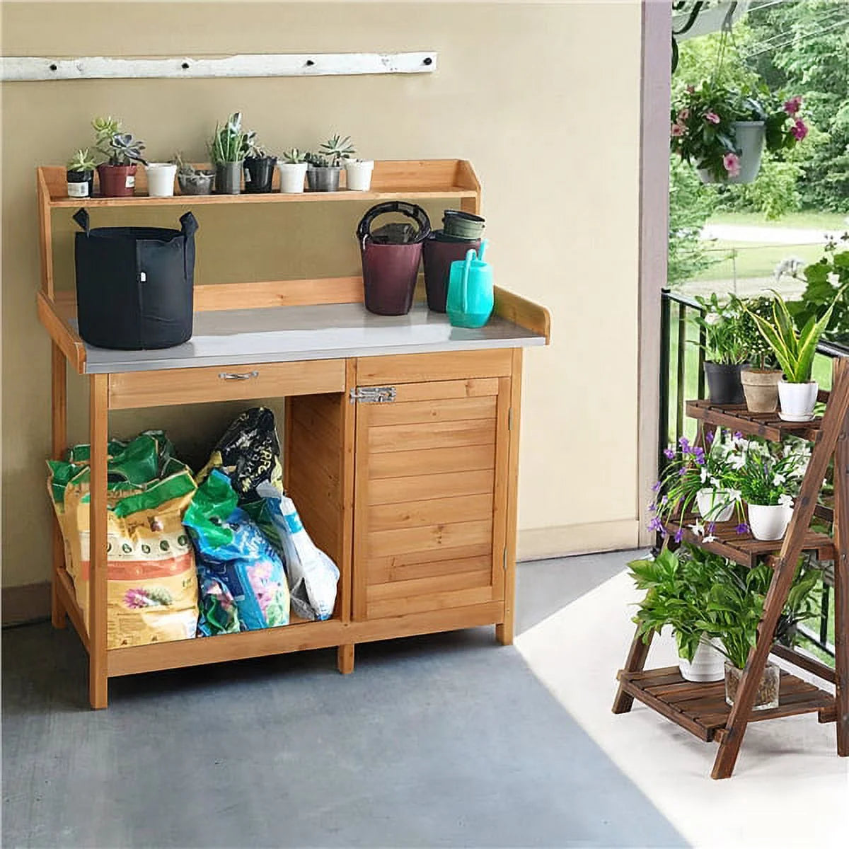 Wooden Garden Potting Bench with Cabinet I164