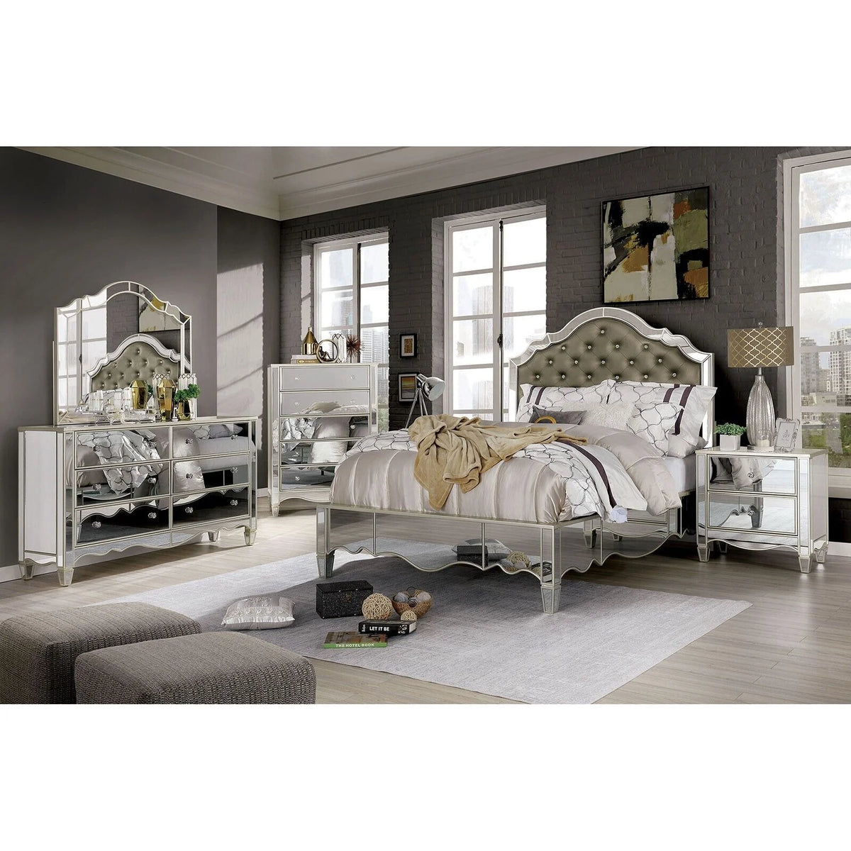 King Size 4pc Bedroom Set Dresser Mirror Nightstand Bedframe R35460